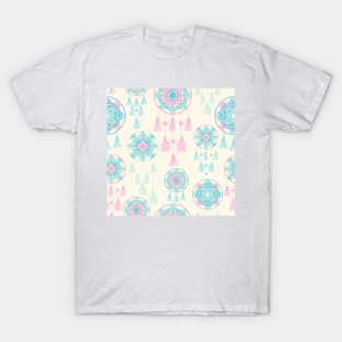 Pink and teal dreamcatcher on cream seamless pattern T-Shirt
